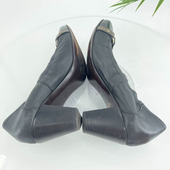 AGL Italy Women's Pump Size 39 9 Cap Toe Block Heel Chain Black Leather - Picture 9 of 14